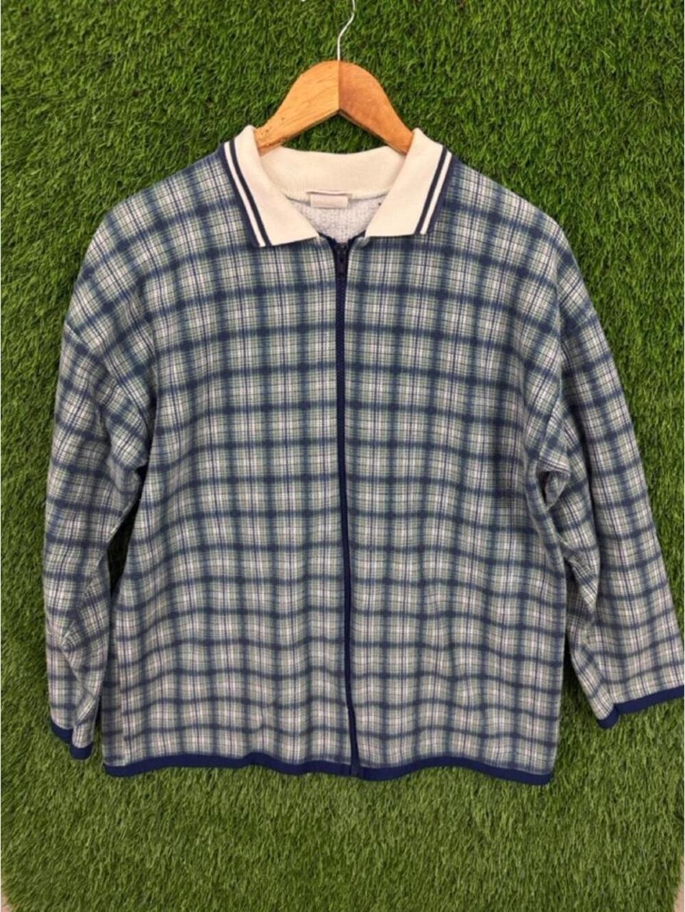 Vintage Plaid Full Zip Fleece Jacket Blue White Checkered Sweater Size XL
